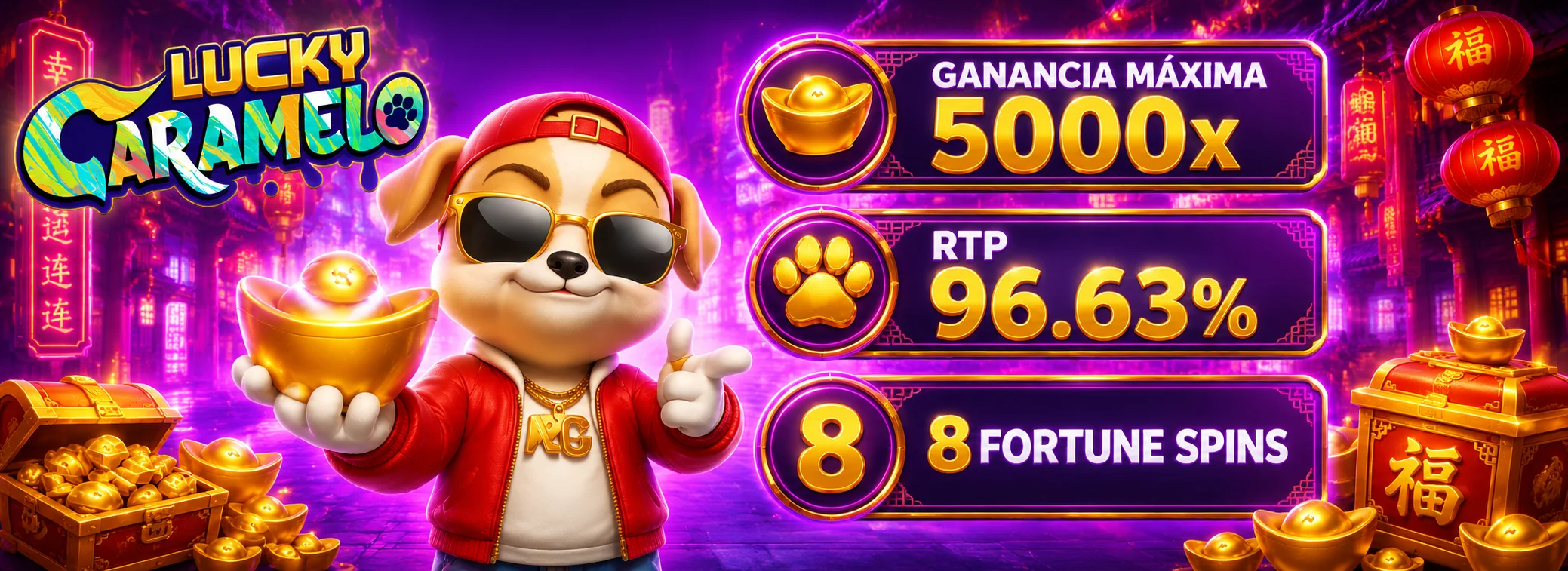 El perrito Caramelo muestra la ganancia máxima de 5,000x, el RTP de 96.63% y los 8 Fortune Spins de Lucky Caramelo