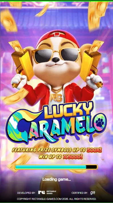 Pantalla de carga real de Lucky Caramelo en formato vertical con el perrito Caramelo y sus funciones de premio